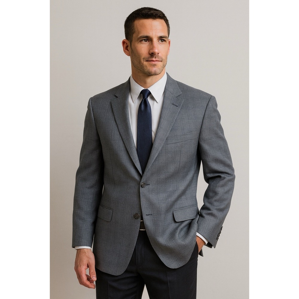 Geoffrey Beene Gray Blue Windowpane Blazer‎ 52R  2 Button Rayon Suit Jacket